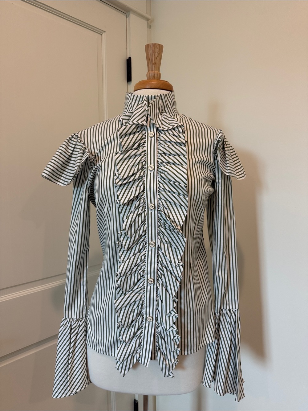Striped Ruffle Front Button-Down Top - White/Olive